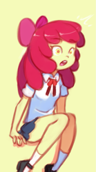 Size: 669x1200 | Tagged: safe, artist:drantyno, apple bloom, equestria girls, apple bloom's bow, clothes, hair bow, open mouth, polo shirt, school uniform, shoes, simple background, skirt, socks, solo, yellow background