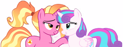 Size: 16192x6229 | Tagged: safe, artist:ejlightning007arts, luster dawn, princess flurry heart, alicorn, pony, unicorn, the last problem, cute, duo, duo female, female, flurrydawn, hooves on cheeks, lesbian, looking at each other, older, older flurry heart, ponytail, shipping, simple background, teeth, transparent background, vector