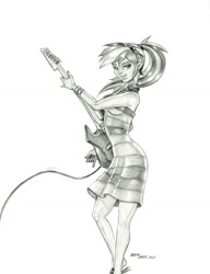 Size: 1000x1303 | Tagged: safe, artist:baron engel, rainbow dash, equestria girls, clothes, dress, electric guitar, female, guitar, monochrome, musical instrument, pencil drawing, rainbow dash always dresses in style, solo, traditional art