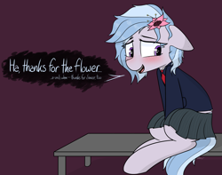 Size: 3000x2364 | Tagged: safe, artist:pinkberry, oc, oc only, oc:winter azure, earth pony, pony, clothes, colt, dialogue, femboy, flower, flower in hair, girly, jacket, male, school uniform, skirt, solo, speech, talking, text, trap