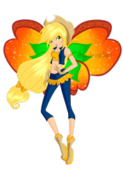 Size: 2059x2912 | Tagged: safe, artist:iikiui, derpibooru import, applejack, human, equestria girls, believix, boots, clothes, colored wings, cowboy boots, cowboy hat, crossover, fairy, fairy wings, fairyized, gloves, gradient wings, hand on hip, hat, high heel boots, high heels, orange wings, shoes, simple background, sparkly wings, transparent background, wings, winx, winx club, winxified