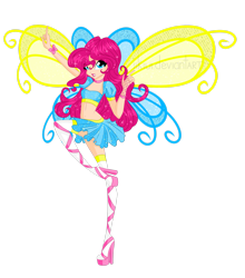 Size: 2297x2611 | Tagged: safe, artist:iikiui, derpibooru import, pinkie pie, human, equestria girls, believix, clothes, crossover, fairy, fairy wings, fairyized, fingerless gloves, gloves, high heels, shoes, simple background, socks, sparkly wings, transparent background, wings, winx, winx club, winxified