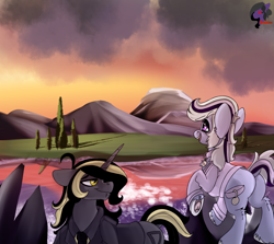 Size: 2424x2160 | Tagged: safe, artist:brainiac, derpibooru exclusive, oc, oc:knick knack, oc:whiskey lullaby, cat, cat pony, original species, pony, unicorn, butt, clothes, cute, female, kniskey, male, mare, plot, scenery, stallion, unshorn fetlocks