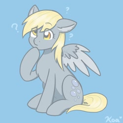 Size: 2500x2500 | Tagged: safe, artist:koa, derpibooru import, derpy hooves, pegasus, pony, blue background, chest fluff, ear fluff, ears, female, mare, question mark, simple background, sitting, solo