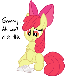 Size: 1722x2034 | Tagged: safe, artist:byteslice, artist:litrojia, derpibooru import, apple bloom, earth pony, pony, collaboration, .svg available, book, bow, cheek fluff, chest fluff, copypasta, female, filly, hair bow, implied granny smith, mare, meme, raised hoof, raised leg, simple background, sitting, solo, svg, vector, white background