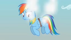 Size: 1280x720 | Tagged: safe, artist:agrol, derpibooru import, rainbow dash, pegasus, amulet, amulet of wings, artificial wings, augmented, bandage, bandaged wing, choose your wings, jewelry, magic, magic wings, shocked, smoke, solo, wings