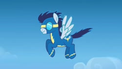 Size: 1280x720 | Tagged: safe, artist:agrol, derpibooru import, soarin', pegasus, choose your wings, clothes, flying, goggles, solo, uniform, wings, wonderbolts, wonderbolts uniform