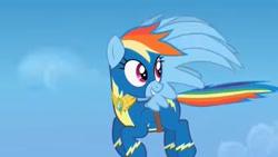 Size: 1280x720 | Tagged: safe, artist:agrol, derpibooru import, rainbow dash, pegasus, amulet, amulet of wings, artificial wings, augmented, bandage, bandaged wing, choose your wings, clothes, jewelry, large wings, looking back, magic, magic wings, smiling, solo, uniform, wings, wonderbolts, wonderbolts uniform