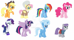 Size: 1280x703 | Tagged: safe, artist:supervegiten, derpibooru import, applejack, fluttershy, maud pie, pinkie pie, rainbow dash, rarity, trixie, twilight sparkle, twilight sparkle (alicorn), alicorn, pegasus, pony, alternate hairstyle, alternate universe, deviantart watermark, mane six, obtrusive watermark, simple background, watermark, white background