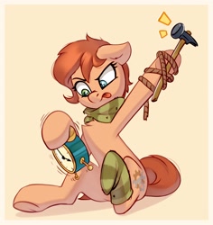 Size: 2790x2950 | Tagged: safe, artist:taneysha, derpibooru import, oc, oc only, oc:rusty gears, earth pony, pony, alarm clock, clock, clothes, female, hammer, hoof attachment, scarf, sitting, sock, solo, tongue out