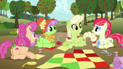 Size: 1280x720 | Tagged: safe, derpibooru import, screencap, apple rose, auntie applesauce, granny smith, sew 'n sow, earth pony, pony, apple family reunion, cutie mark, female, flashback, quilt, spanish description, young granny smith, younger