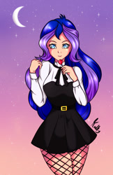 Size: 550x850 | Tagged: safe, artist:kulkry, derpibooru import, princess luna, human, candy, clothes, dress, food, humanized, lollipop, moon, solo