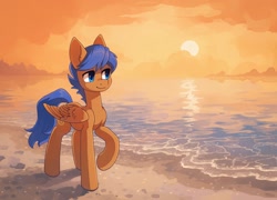 Size: 2032x1462 | Tagged: safe, artist:koviry, derpibooru import, part of a set, oc, oc only, oc:crushingvictory, pegasus, pony, beach, commission, orange background, raised hoof, raised leg, scenery, simple background, smiling, solo, sun, water, ych result