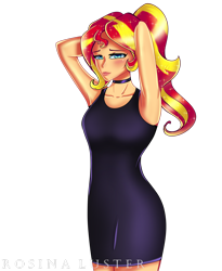 Size: 1920x2343 | Tagged: safe, artist:melanyoprisdraws, derpibooru import, sunset shimmer, equestria girls, armpits, blushing, choker, clothes, dress, female, looking at you, multicolored hair, ponytail, simple background, solo, text, transparent background