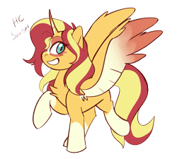 Size: 1797x1614 | Tagged: safe, artist:maikatystar, derpibooru import, sunset shimmer, alicorn, pony, alicornified, chest fluff, coat markings, colored wings, colored wingtips, female, high res, mare, race swap, raised leg, shimmercorn, simple background, socks (coat marking), solo, transparent background, wings