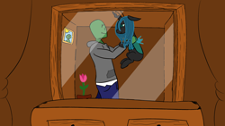 Size: 1920x1080 | Tagged: safe, artist:sodapop200, derpibooru import, queen chrysalis, oc, oc:anon, changeling, changeling queen, bootleg, drawer, drawers, flower, jacket, jeans, mirror, pot, small pony, tulip