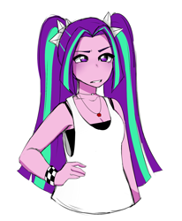 Size: 1243x1507 | Tagged: safe, artist:screebs, derpibooru import, aria blaze, equestria girls, clothes, female, jewelry, multicolored hair, necklace, pigtails, purple eyes, simple background, sleeveless, solo, twintails, white background, wristband