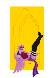 Size: 3493x4940 | Tagged: safe, artist:cadillacdynamite, derpibooru import, twilight sparkle, twilight sparkle (alicorn), alicorn, anthro, plantigrade anthro, clothes, crown, feet, feet up, female, jewelry, mare, mouth hold, on back, pencil, regalia, socks, solo, stocking feet, stockings, thigh highs