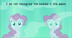 Size: 1329x704 | Tagged: safe, derpibooru import, edit, edited screencap, screencap, pinkie pie, earth pony, pony, too many pinkie pies, clone, female, mirror pool, scp, scp 2316, scp foundation, self paradox, self ponidox, text