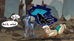 Size: 1572x870 | Tagged: safe, artist:hitsuji, artist:mane6, derpibooru import, oleander, paprika paca, demon, them's fightin' herds, book, community related, crouching, dialogue, fred, looking back, looking up, scared