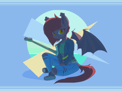 Size: 800x600 | Tagged: safe, artist:phi, derpibooru import, oc, oc only, oc:trešen, anthro, bat pony, abstract background, backlighting, clothes, converse, female, guitar, looking at you, musical instrument, shoes, solo