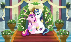 Size: 1095x657 | Tagged: safe, artist:julie25609, derpibooru import, princess cadance, shining armor, alicorn, pony, unicorn, a canterlot wedding, horn, horn jewelry, horn ring, hug, jewelry, marriage, ring, wedding, wedding ring