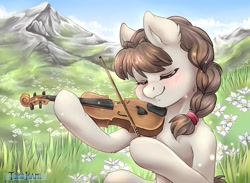 Size: 1300x950 | Tagged: safe, artist:tokokami, derpibooru import, oc, oc only, oc:connie bloom, austria, euro bronycon, flower, mountain, musical instrument, scenery, solo, violin