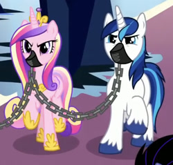 Size: 589x562 | Tagged: safe, derpibooru import, screencap, princess cadance, shining armor, alicorn, pony, the beginning of the end, chains, gag, kinky, muzzle gag