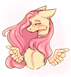 Size: 977x1067 | Tagged: safe, artist:lisochka69, derpibooru import, fluttershy, pegasus, pony, blushing, chest fluff, eyelashes, eyes closed, female, mare, pink background, pink hair, simple background, solo