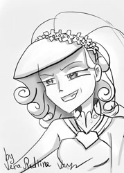 Size: 500x700 | Tagged: safe, artist:vinelly-de-sun, derpibooru import, princess cadance, queen chrysalis, human, a canterlot wedding, bust, clothes, disguise, disguised changeling, fake cadance, female, floral head wreath, flower, humanized, lineart, monochrome, signature, simple background, smiling, smirk, white background