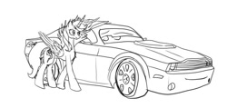 Size: 831x396 | Tagged: safe, artist:vinelly-de-sun, derpibooru import, oc, oc only, alicorn, pony, alicorn oc, car, horn, lineart, monochrome, smiling, solo, wings