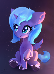 Size: 1712x2335 | Tagged: safe, artist:xbi, derpibooru import, princess luna, alicorn, pony, cute, female, filly, gradient background, sitting, smiling, solo, woona, younger