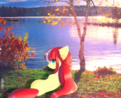Size: 1846x1499 | Tagged: safe, artist:aleuoliver, derpibooru import, oc, oc only, earth pony, pony, earth pony oc, female, lake, looking back, lying down, mare, outdoors, prone, solo, tree