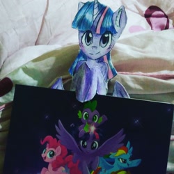 Size: 1080x1080 | Tagged: safe, artist:cats_drawings_cos, derpibooru import, pinkie pie, rainbow dash, spike, twilight sparkle, twilight sparkle (alicorn), alicorn, dragon, earth pony, pegasus, pony, female, glowing horn, horn, irl, mare, photo, riding, smiling, traditional art, wings