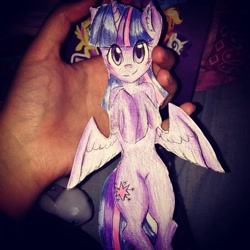 Size: 1080x1080 | Tagged: safe, artist:cats_drawings_cos, derpibooru import, twilight sparkle, twilight sparkle (alicorn), alicorn, human, pony, ear fluff, ears, female, horn, irl, irl human, mare, photo, smiling, traditional art, wings