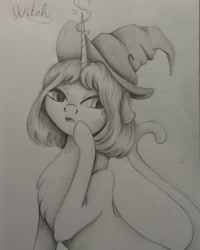 Size: 1080x1350 | Tagged: safe, artist:pony_riart, derpibooru import, oc, oc only, cat, cat pony, original species, pony, bust, grayscale, hat, horn, inktober, inktober 2020, monochrome, solo, traditional art, witch hat