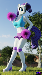 Size: 2160x3840 | Tagged: safe, artist:shadowboltsfm, derpibooru import, rarity, anthro, plantigrade anthro, unicorn, 3d, 4k, adorasexy, blender, boots, bra, breasts, cheerleader, clothes, crop top bra, cute, eyelashes, grass, high heel boots, midriff, not sfm, pom pom, sexy, shoes, skirt, smiling, standing, underwear