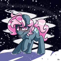 Size: 1625x1625 | Tagged: safe, artist:lou, derpibooru import, oc, oc only, oc:juicy dream, earth pony, pony, raised hoof, raised leg, snow, solo