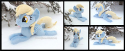 Size: 4260x1754 | Tagged: safe, artist:peruserofpieces, derpibooru import, derpy hooves, pegasus, pony, beanie (plushie), female, happy, irl, looking at you, lying down, mare, photo, plushie, prone, smiling, smiling at you, snow, solo, sploot, tongue out, tree