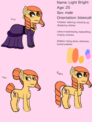 Size: 1536x2048 | Tagged: safe, artist:mintymelody, derpibooru import, oc, oc only, oc:light bright, earth pony, clothes, crossdressing, dress, femboy, male, reference sheet, solo, trap