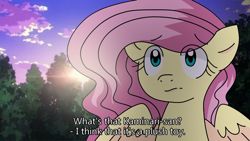 Size: 1280x720 | Tagged: safe, artist:mainii-chan, derpibooru import, fluttershy, pegasus, pony, anime, backlighting, bust, cute, dialogue, fake screencap, female, looking at someone, looking at you, mare, my hero academia, offscreen character, outdoors, shyabetes, solo, spread wings, subtitles, sunset, wallpaper, wings