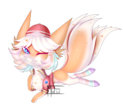 Size: 3388x2940 | Tagged: safe, artist:minelvi, derpibooru import, oc, oc only, hybrid, pony, chest fluff, clothes, hat, multiple tails, one eye closed, signature, simple background, smiling, socks, solo, striped socks, transparent background, underhoof, wink