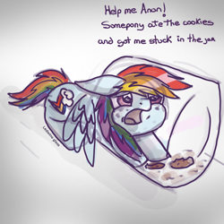 Size: 2048x2048 | Tagged: safe, artist:ledwine glass, artist:lewdielewd, derpibooru import, rainbow dash, pegasus, pony, cookie, crumbs, cursed comments, cute, dashabetes, food, implied anon, jar, oh no, sketch, solo, stuck, text, the implications are horrible