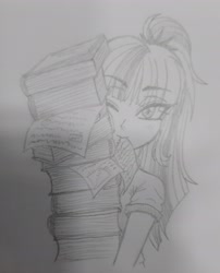 Size: 2250x2780 | Tagged: safe, artist:katanis, derpibooru import, sci-twi, twilight sparkle, equestria girls, book, mouth hold, one eye closed, paper, sketch, smiley face, traditional art