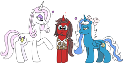 Size: 3216x1715 | Tagged: safe, artist:supahdonarudo, derpibooru import, fleur-de-lis, oc, oc:fleurbelle, oc:ironyoshi, alicorn, unicorn, alicorn oc, bow, clothes, confused, heart, horn, lucky bastard, question mark, seductive look, shirt, simple background, this will end in snu snu, transparent background, wings