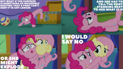 Size: 1280x720 | Tagged: safe, derpibooru import, edit, edited screencap, editor:quoterific, screencap, fluttershy, pinkie pie, earth pony, pegasus, pony, the one where pinkie pie knows, ball, duo, duo female, female, gritted teeth, mare, no, open mouth, puffy cheeks, solo, teeth, treasure chest, worried