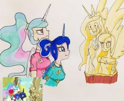 Size: 511x415 | Tagged: safe, artist:lunaart, derpibooru import, screencap, princess celestia, princess luna, human, between dark and dawn, horn, horned humanization, humanized, scene interpretation, screencap reference, winged humanization, wings