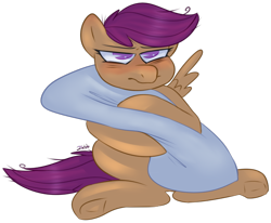 Size: 666x549 | Tagged: safe, artist:2k.bugbytes, scootaloo, pegasus, pony, messy mane, pillow, simple background, sleepy, solo, transparent background