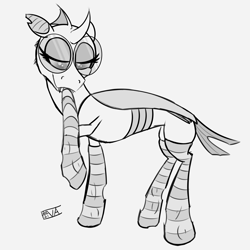 Size: 4000x4000 | Tagged: safe, artist:evan555alpha, ponybooru exclusive, oc, oc only, oc:yvette (evan555alpha), changeling, evan's daily buggo, biting, changeling oc, dorsal fin, fangs, female, glasses, grabbing, in mouth, lidded eyes, pulling, raised hoof, raised leg, round glasses, signature, simple background, sketch, socks, solo, striped socks, white background