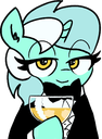 Size: 94x128 | Tagged: artist needed, safe, edit, lyra heartstrings, pony, unicorn, acres avatar, bowtie, bust, clothes, drink, female, gentlemare, gentlemare lyra, hoof hold, lidded eyes, looking at you, picture for breezies, simple background, solo, suit, transparent background, tuxedo